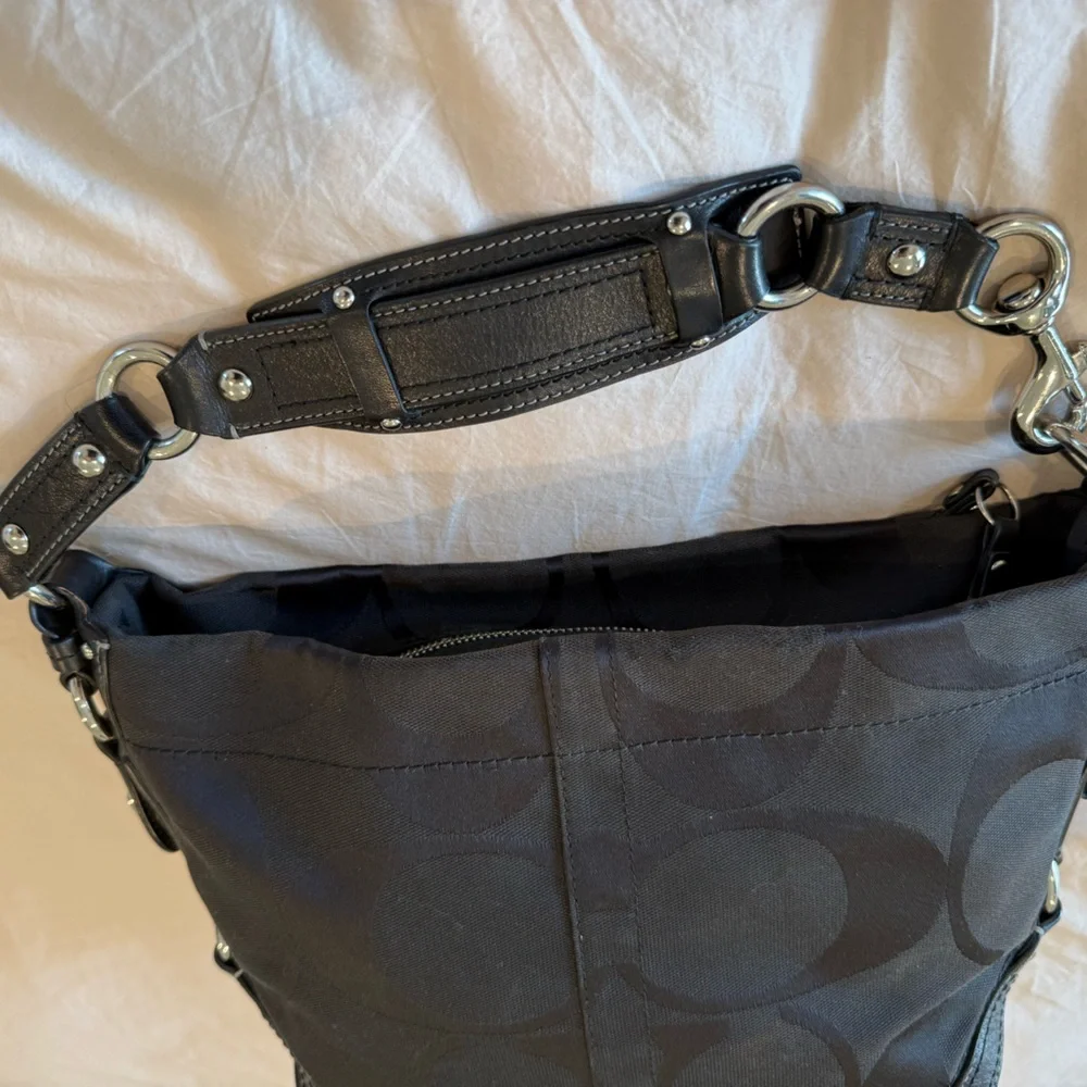 Coach Signature Black Canvas Shoulder Hobo with Silver Hardware - Picture 5 of 12